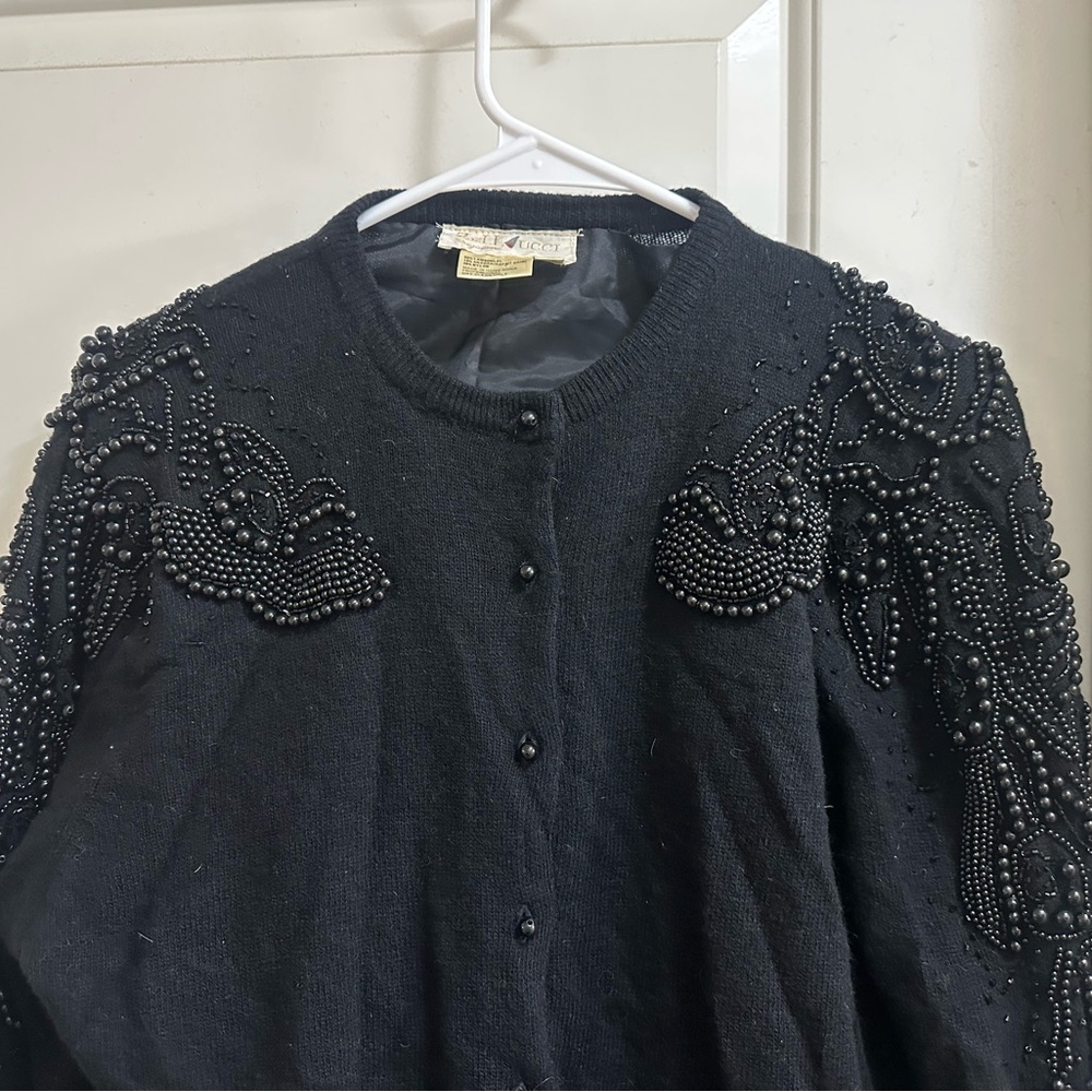 vintage wool Black Beaded cardigan knit sweater
